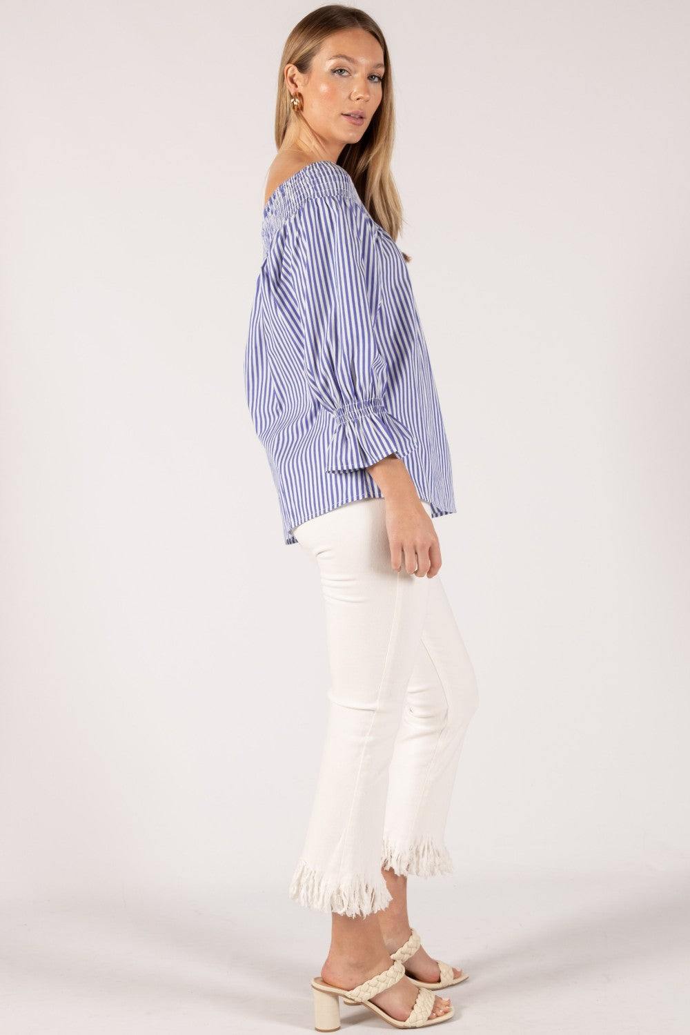 cotton blouse off the shoulder blue and white vertical stripes trendy online boutique