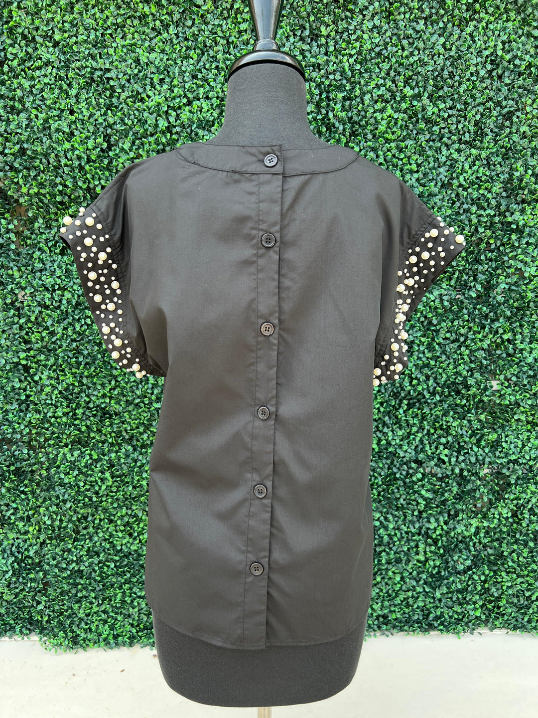 Pearl Embellished Cotton Top black with buttons entro brand online boutique houston texas