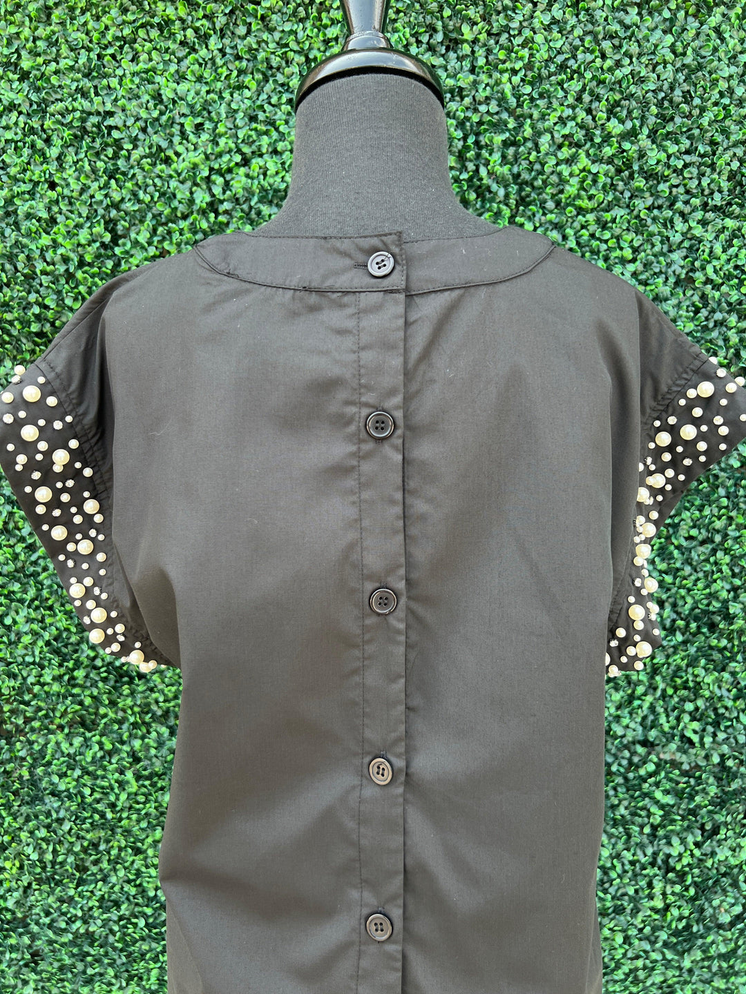 Pearl Embellished Cotton Top black with buttons entro brand online boutique houston texas