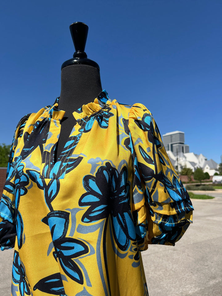 bright yellow blouse v neck silky with blue floral vivd print jade brand boutique spring summer