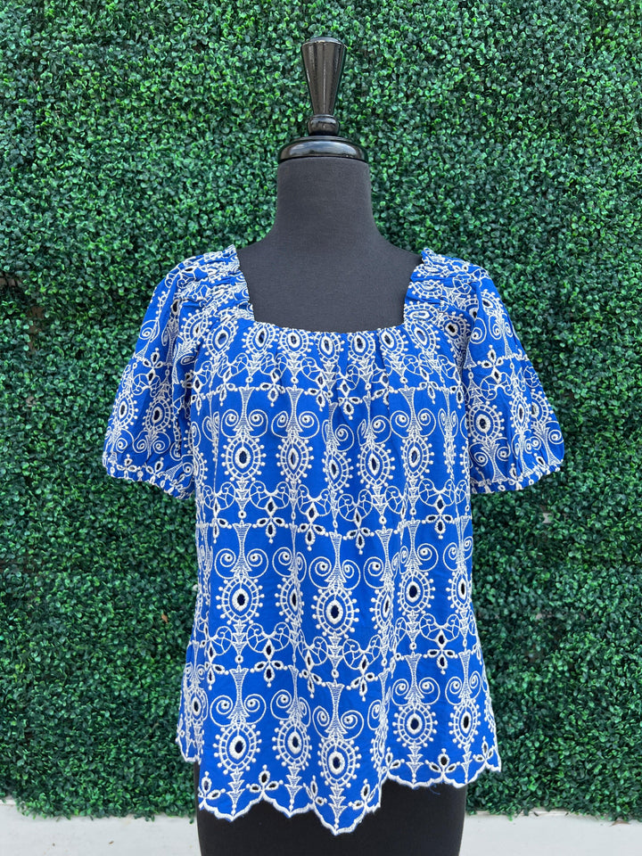  Puff Short Sleeve Square neck embroidered top cotton blue jade brand tres chic womens boutique trendy near me houston texas