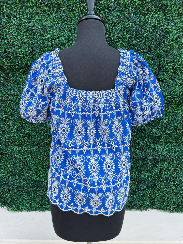 Puff Short Sleeve Square neck embroidered top cotton blue jade brand tres chic womens boutique trendy near me houston texas
