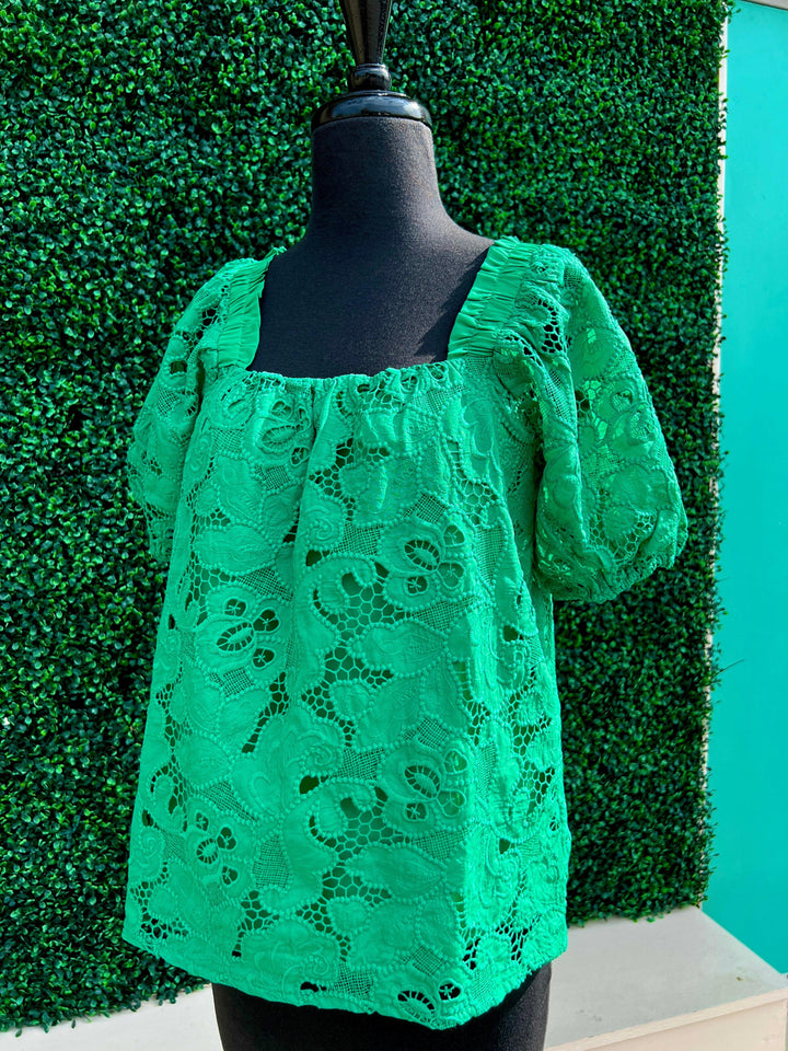 Lacy Green Blouse by Jade Brand tres chic womens online trendy boutique