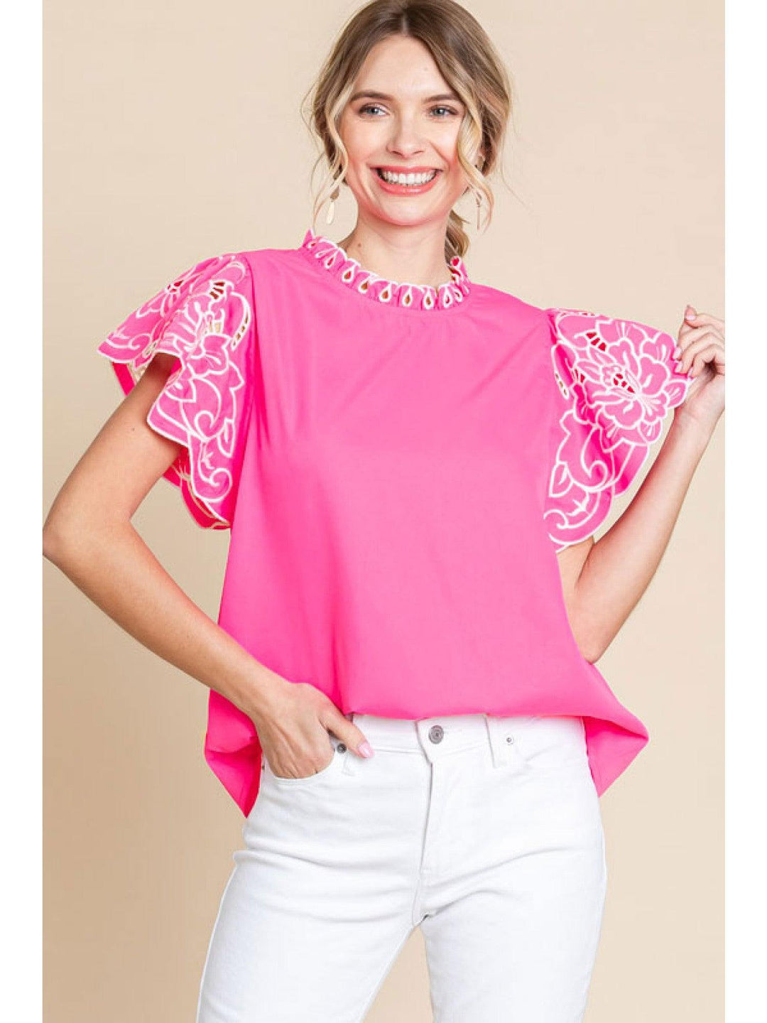 Cut out flutter sleeve ruffle neck top hot pink jodifl brand