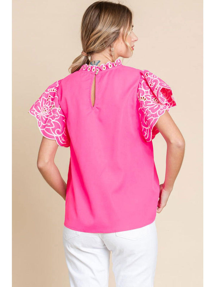 Cut out flutter sleeve ruffle neck top hot pink jodifl brand