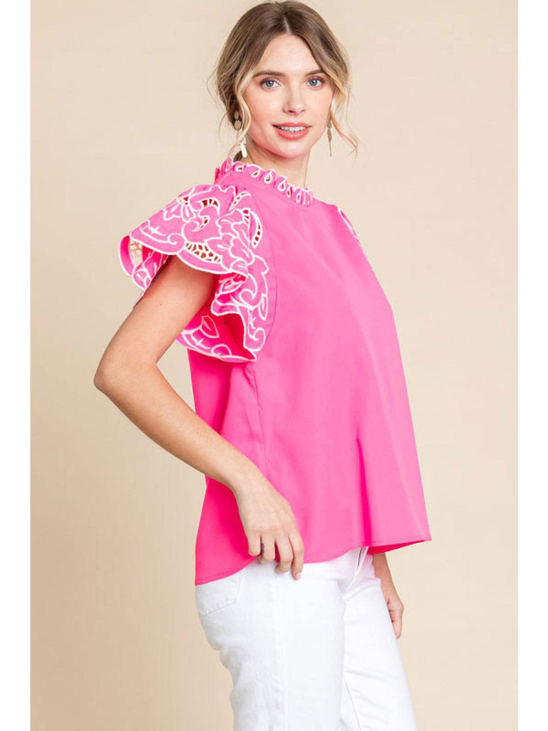 Cut out flutter sleeve ruffle neck top hot pink jodifl brand