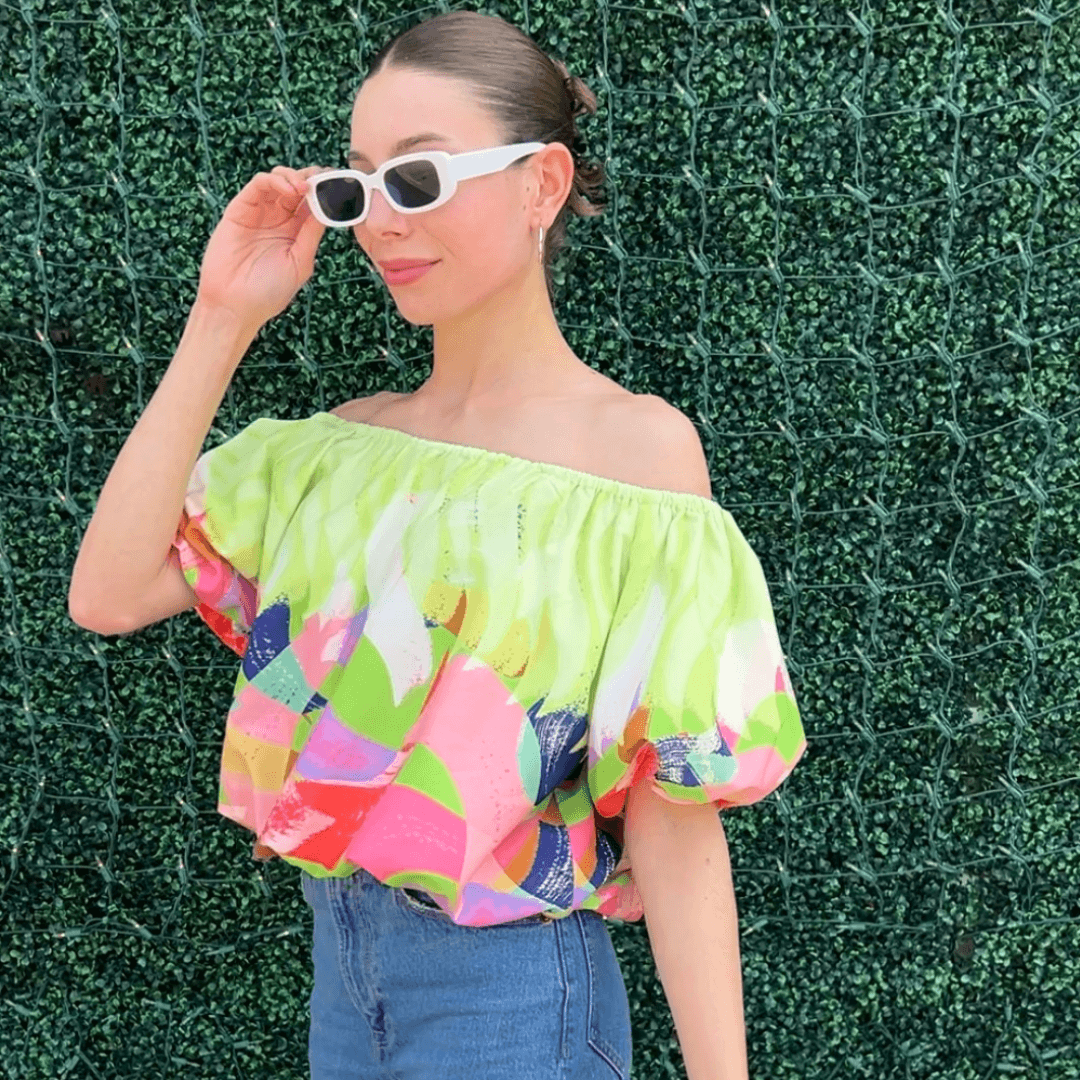 lime green off the shoulder rainbow puff jade brand blouse elastic waist