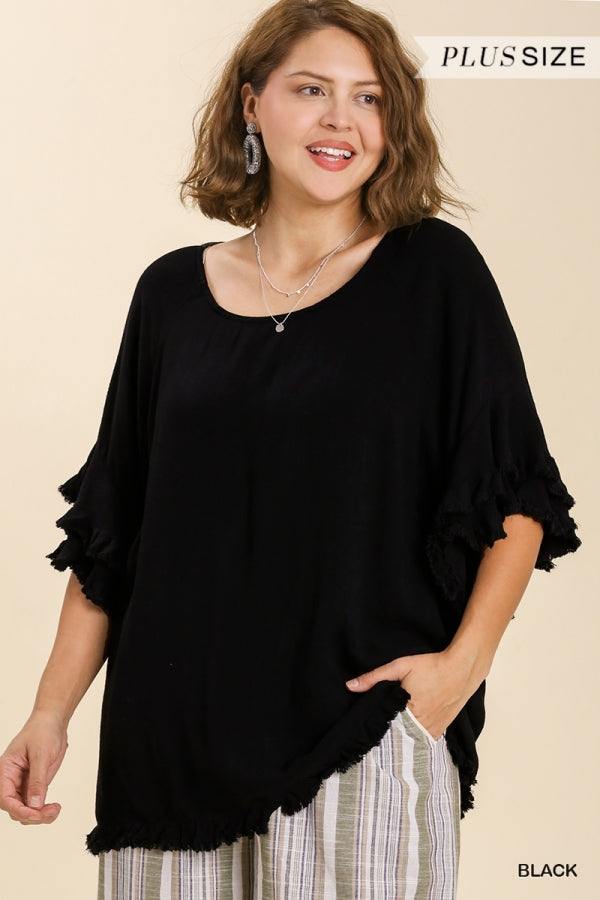 Linen Ruffle Bell Sleeve Blouse  Boutique with Plus Sizes Houston – Très  Chic Boutique