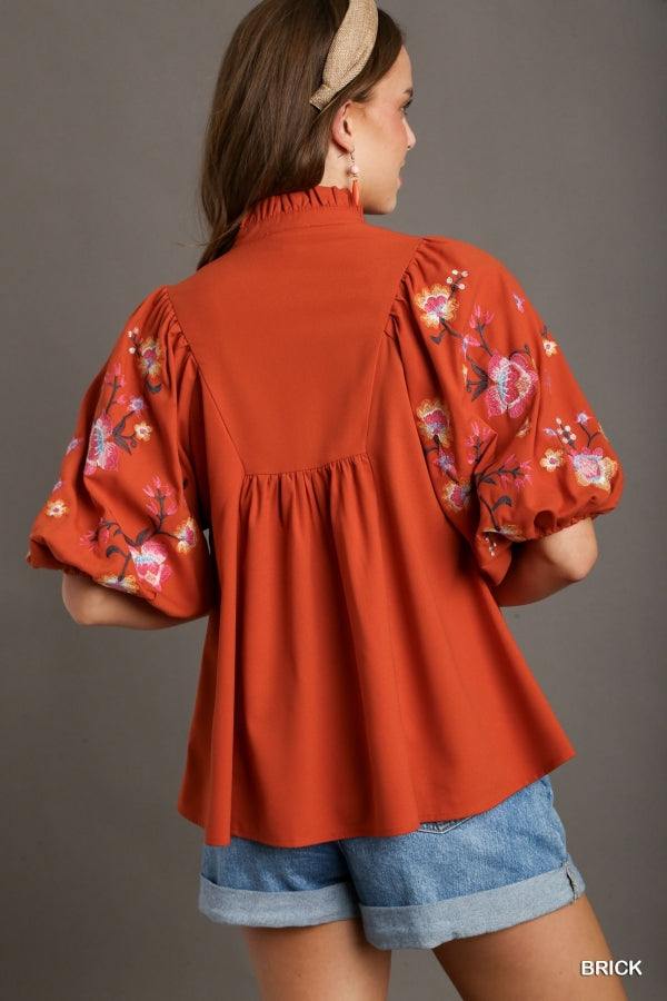 French Orange & Blue Ombre Shimmery fashion Embroidered Blouse