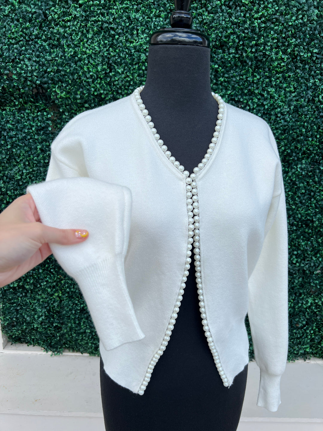 off White Pearl Trim Cardigan holiday dressy layers classy boutique style