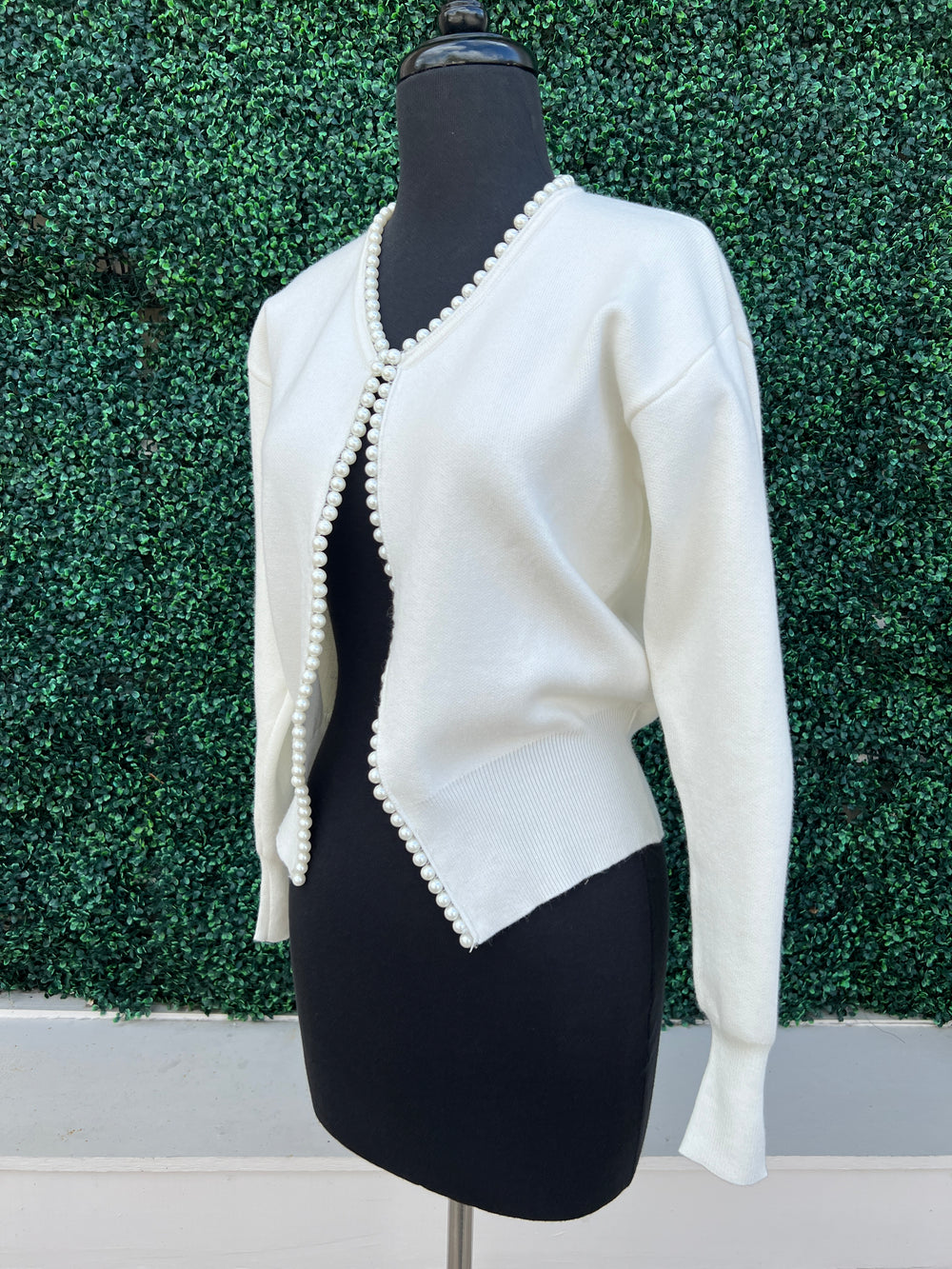 off White Pearl Trim Cardigan holiday dressy layers classy boutique style holiday outfit ideas