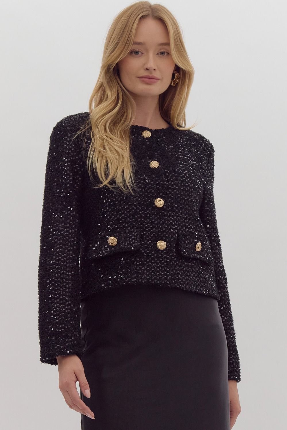 sparkle tweed back with gold buttons womens boutique fall winter 2024 tres chic houston